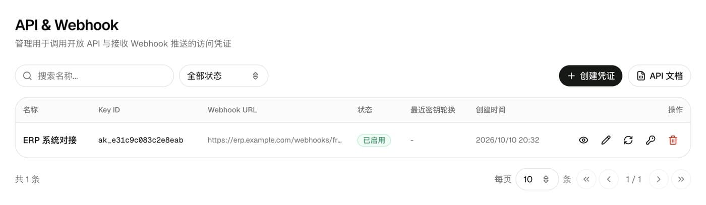 ChaoShunTrack API 与 Webhook 凭证管理页面
